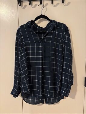 Banana Republic Navy and White Windowpane Collared Blouse